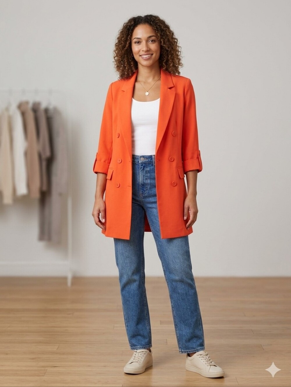 Dynamite Bright Orange Double-Breasted Longline Blazer 3/4 Cuffed Sleeves XS